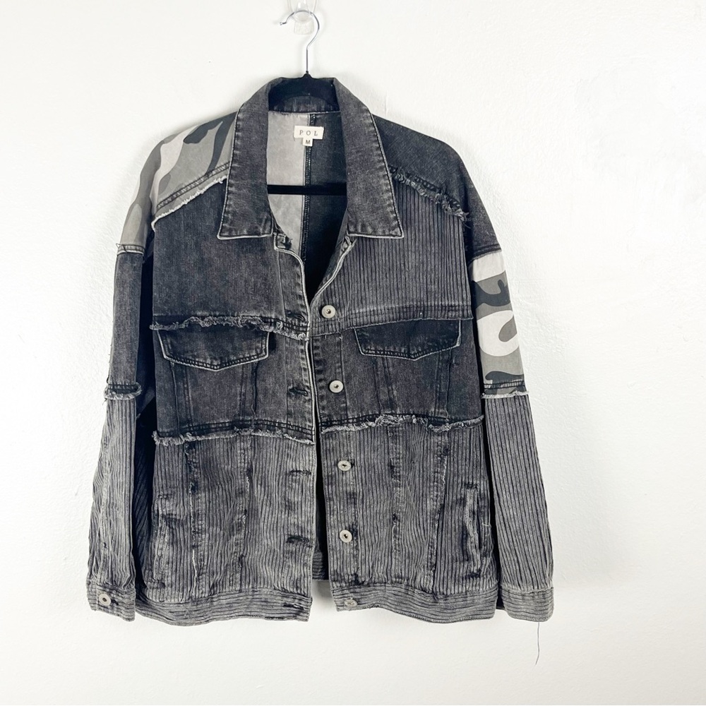 POL Black Wash Corduroy Camo Jean Mixed Prints Long Sleeves Button Jacket Medium